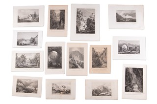 Grafikové 19. století - Konvolut 150 ks listů s vedutami a krajinami (Švýcarsko, Německo, Tyrolsko)