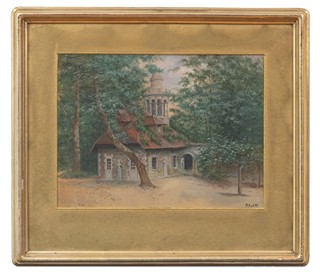 Malíř 19. století - Laiterie de la Reine (mlékárna Marie Antoinetty) v zámeckém parku Petit Trianon ve francouzském Versailles