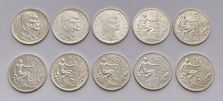 Konvolut 10 Kusů stříbrných 10 Korun Československo