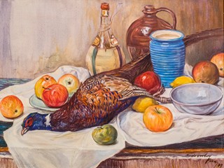 Ferdinand Dobrovolný (1892) - Zátiší s jablky, vínem a bažantem