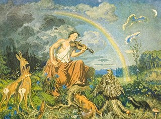 Max Švabinský (1873–1962) - Houslista v krajině se zvířátky a duhou