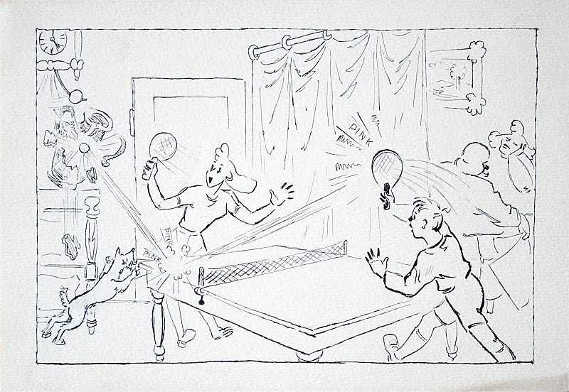 Václav Junek (1913 - 1976) - Kreslený třídílný vtip Slávek a Míla hrají ping-pong I., II. a III.