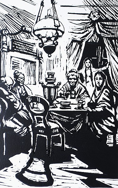 Václav Junek (1913 - 1976) - Ilustrace ke Kaverin: Dva kapitáni, U stolu (obr. 6, str. 202)