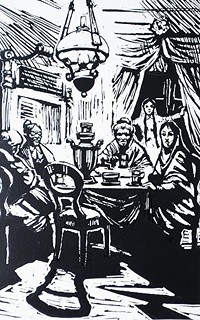 Václav Junek (1913 - 1976) - Ilustrace ke Kaverin: Dva kapitáni, U stolu (obr. 6, str. 202)