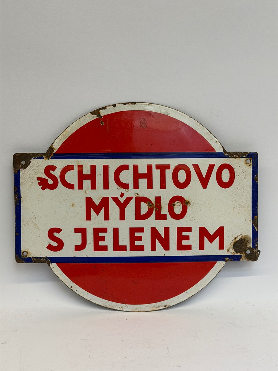 Smaltovaná cedule – Schichtovo mýdlo s jelenem (Československo, 20.–30. léta 20. století)