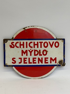 Smaltovaná cedule – Schichtovo mýdlo s jelenem (Československo, 20.–30. léta 20. století)