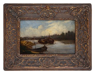 French river landscape with cargo ships and fisherman