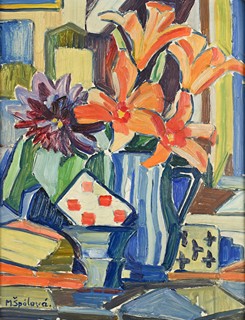 Milada Špálová (1884-1963) - Zátiší s květinami a kartami