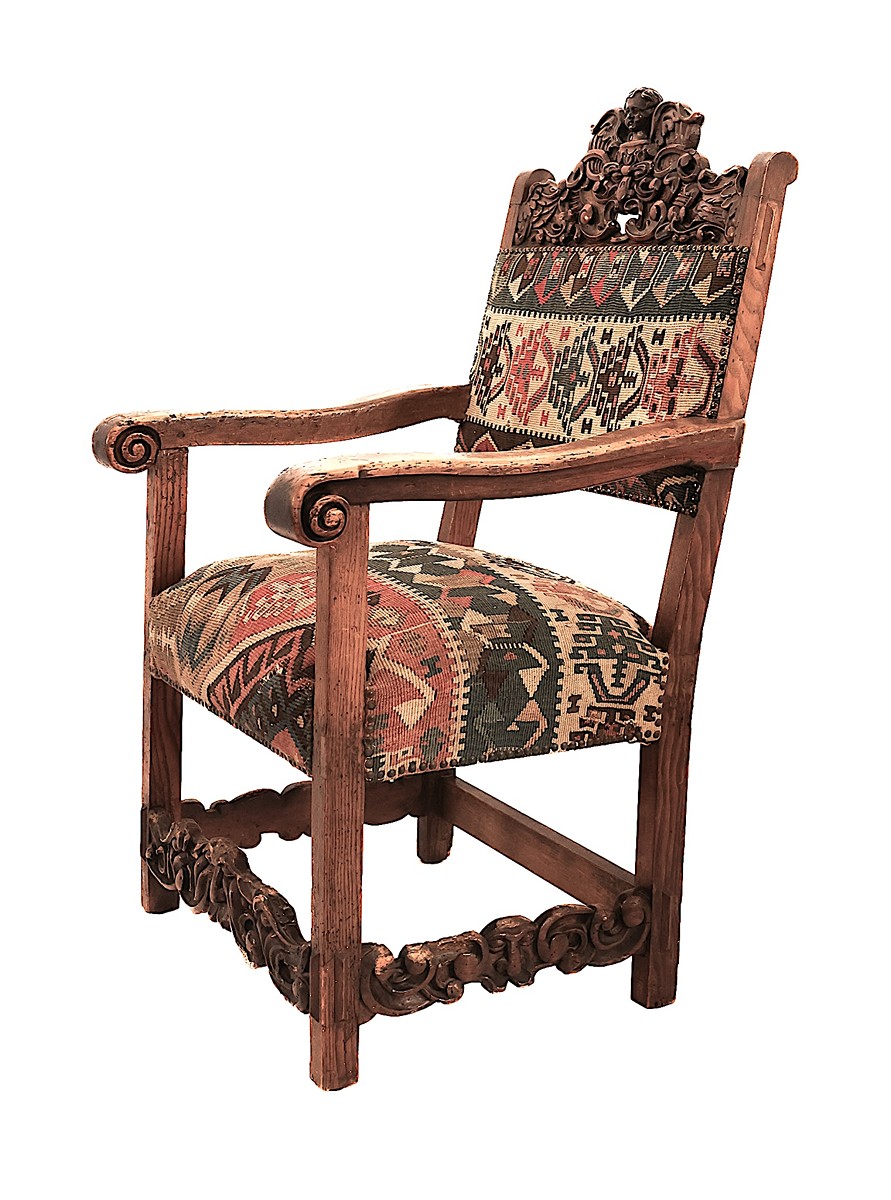 Walnut Armchair with Kilim Upholstery