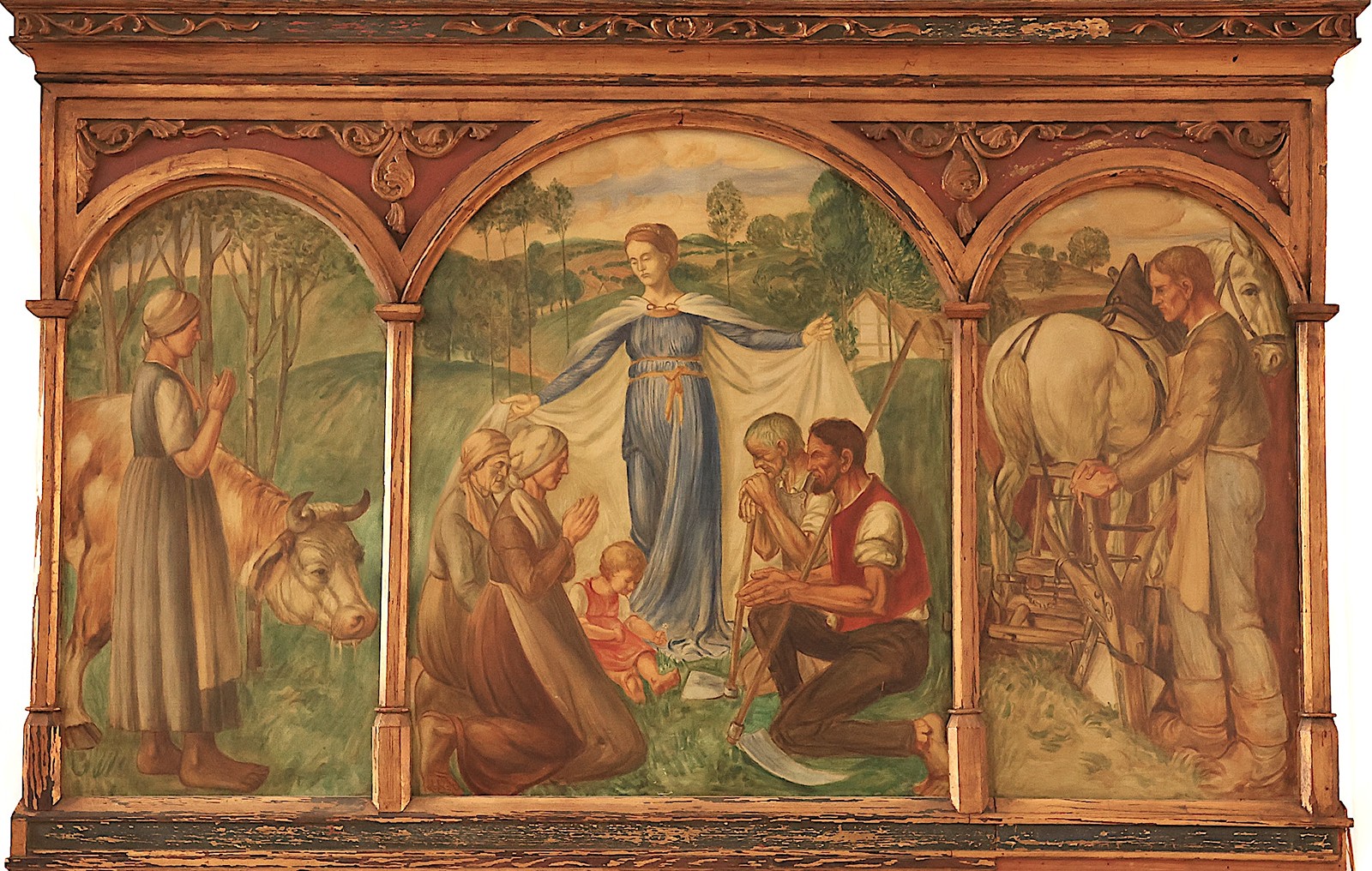 European School First Half of the 20th Century - Triptych: Blessing of the Family and Rural Labor