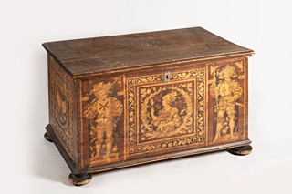 An Ornate German Neo-Renaissance Pyrographed and Inlaid Walnut Marriage Chest 19th century