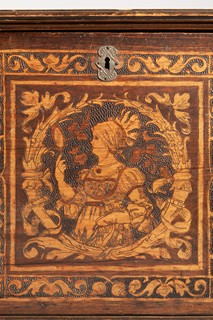 An Ornate German Neo-Renaissance Pyrographed and Inlaid Walnut Marriage Chest 19th century