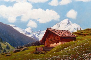 Spring Morning in the Alps with Farmhouse