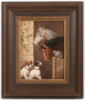 Two horses looking at two dogs