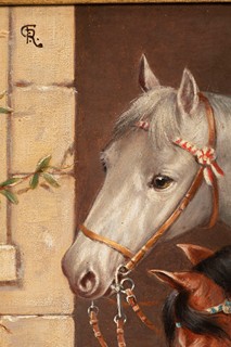 Two horses looking at two dogs