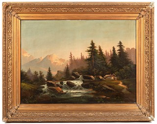 European School (19th Century) - Alpine Landscape with Waterfall and Chalet