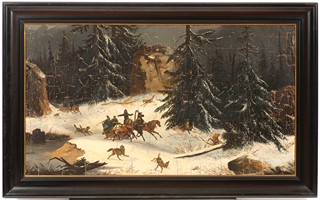Winter Landscape with Sleigh Travelers Attacked by Wolves