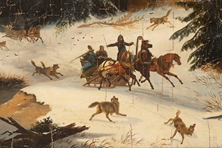 Winter Landscape with Sleigh Travelers Attacked by Wolves