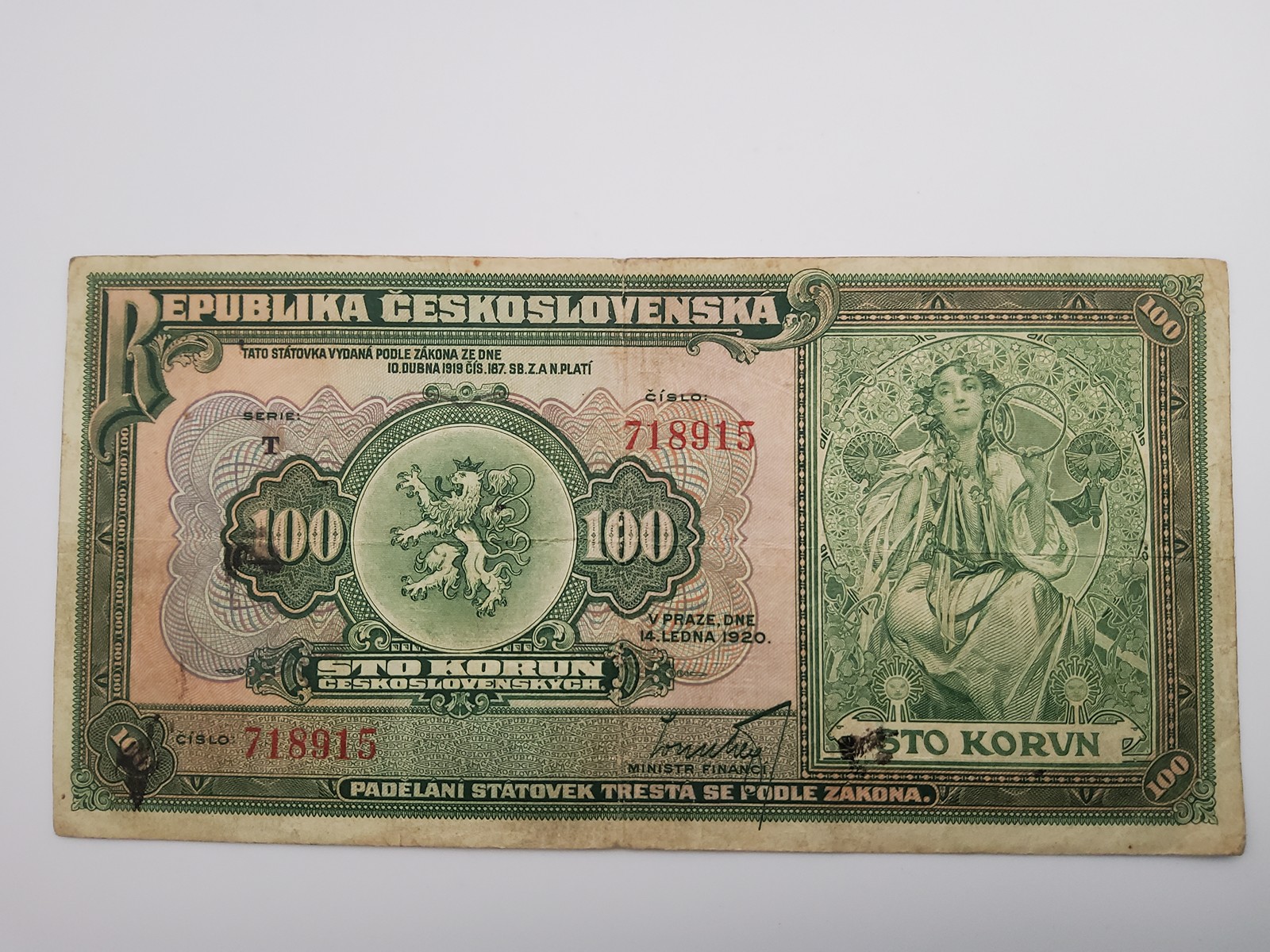 ČESKOSLOVENSKO – 100 KORUN 1920, VZÁCNĚJŠÍ SÉRIE T, TZV. MUCHOVKA, NEPERFOROVANÁ