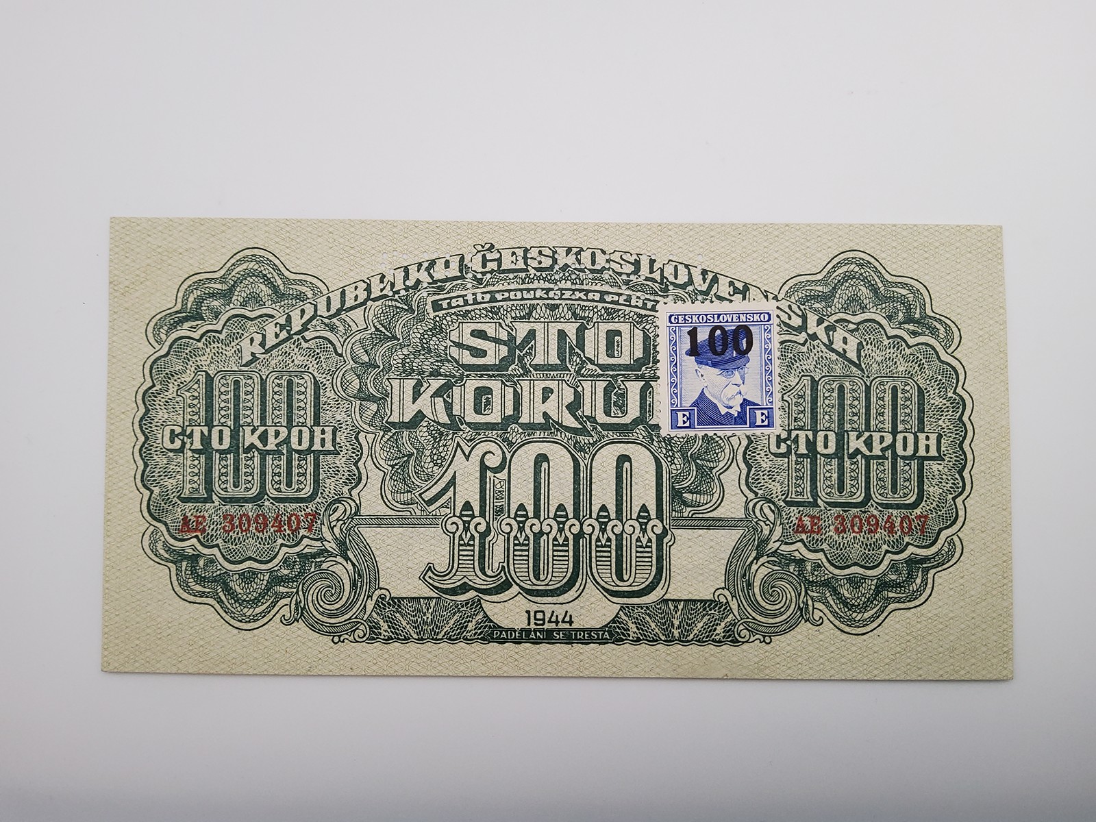 ČESKOSLOVENSKO – 100 KORUN 1944, SÉRIE AE, KOLEK TGM, PERFORACE SPECIMEN