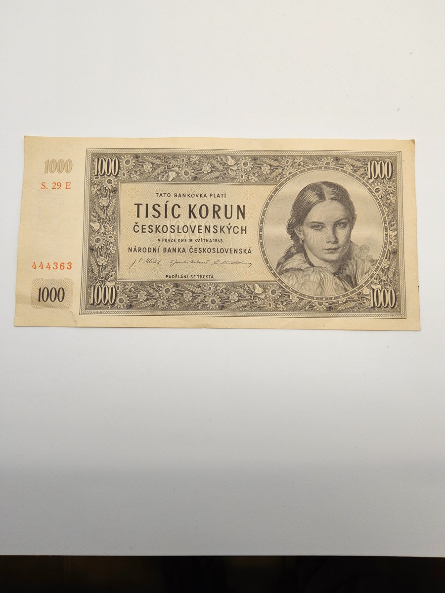 ČESKOSLOVENSKO – 1 000 KORUN 1945, SÉRIE 29 E, neperforovaná.