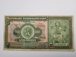 ČESKOSLOVENSKO – 100 KORUN 1920, VZÁCNĚJŠÍ SÉRIE T, TZV. MUCHOVKA, NEPERFOROVANÁ