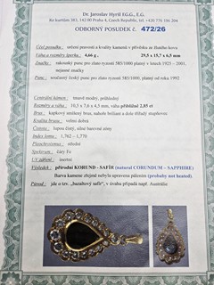 ZLATÝ PŘÍVĚSEK S PŘÍRODNÍM SAFÍREM 2,85 CT A DIAMANTY 0,98 CT – ZLATÝ ŘETÍZEK – ODBORNÝ POSUDEK