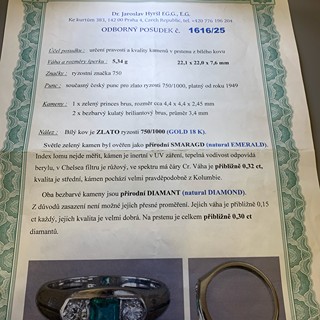 Prsten s diamanty a smaragdem | Art deco | Československo 1935 | znalecký posudek