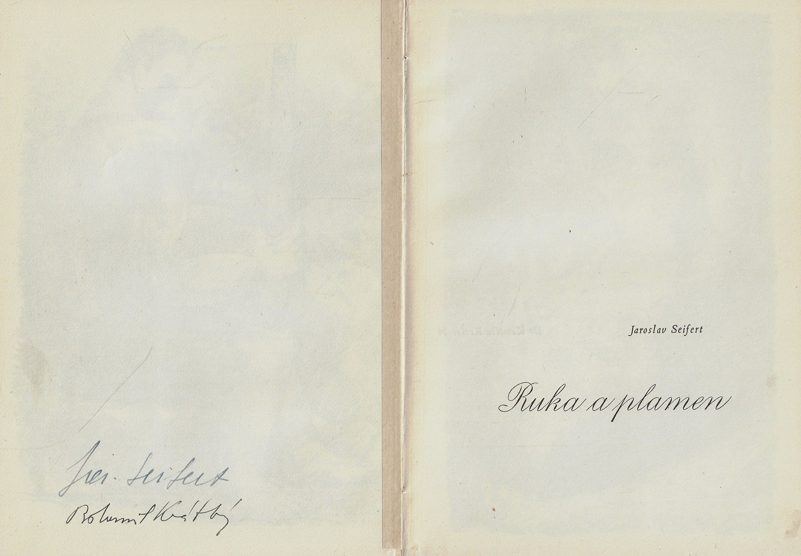 Jaroslav Seifert (1901 - 1986) - podpis - Ruka a plamen / Jaroslav Seifert ; litografie Bohumil Krátký