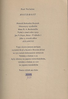 Bohuslav Reynek (1892 - 1971) - podpis - Moudrost / Paul Verlaine ; přeložil Bohuslav Reynek