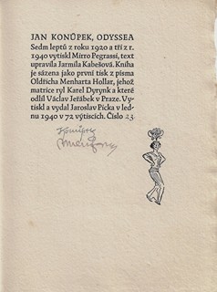 Jan Konůpek (1883 - 1950) - podpis - Příběhy Odysseovy / lepty Jan Konůpek ; písmo Oldřich Menhart