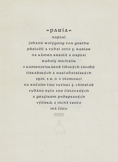 Rudolf Michalík (1901 - 1993) - podpis - Paria / Johann Wolfgang von Goethe ; úprava Rudolf Michalik