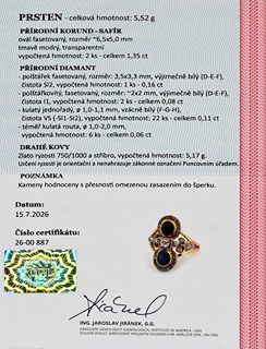 Zlatý prsten s přírodními safíry a vzácně bílými diamanty - certifikováno