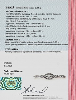 Starožitná diamantová brož s diamanty Old Europe, 1,19 ct - certifikováno