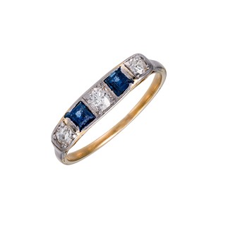 Starožitný zlatý prsten s přírodními safíry a diamanty