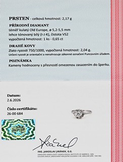 Starožitný diamantový solitér Old Europe 0,65 ct - certifikováno