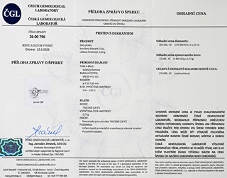 Luxusní zlatý solitér s přírodním diamantem 1,55 ct - certifikováno, odhadní cena 276.600 Kč