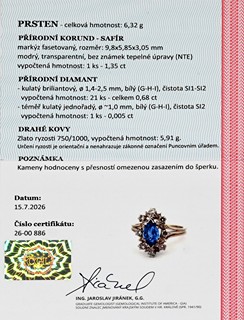 Luxusní zlatý prsten s přírodním safírem a diamanty - certifikováno