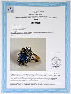 Luxusní zlatý prsten s přírodním safírem a diamanty - certifikováno