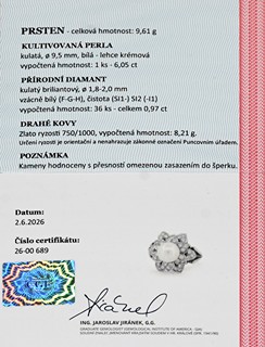Výrazný zlatý prsten s přírodní perlou a diamanty 0,97 ct - certifikováno