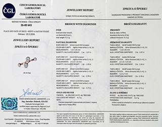 Elegantní diamantová brož Old Europe, 4,68 ct - certifikováno, odhadní cena 381 700 Kč