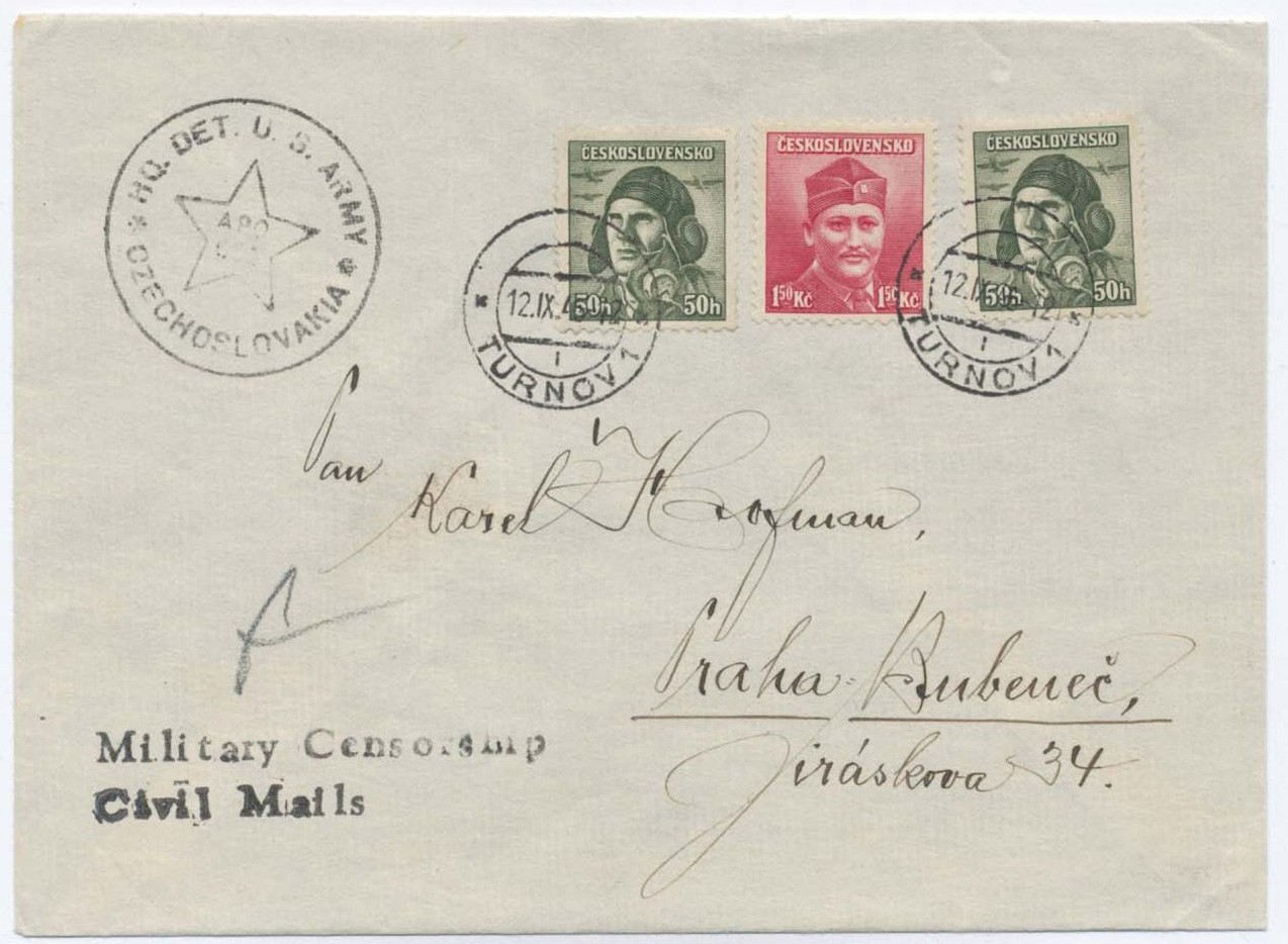 Dopis vyfr. pestrou frankaturou 50h+50h+1.50Kč Londýnské,DR Turnov 12.9.1945
