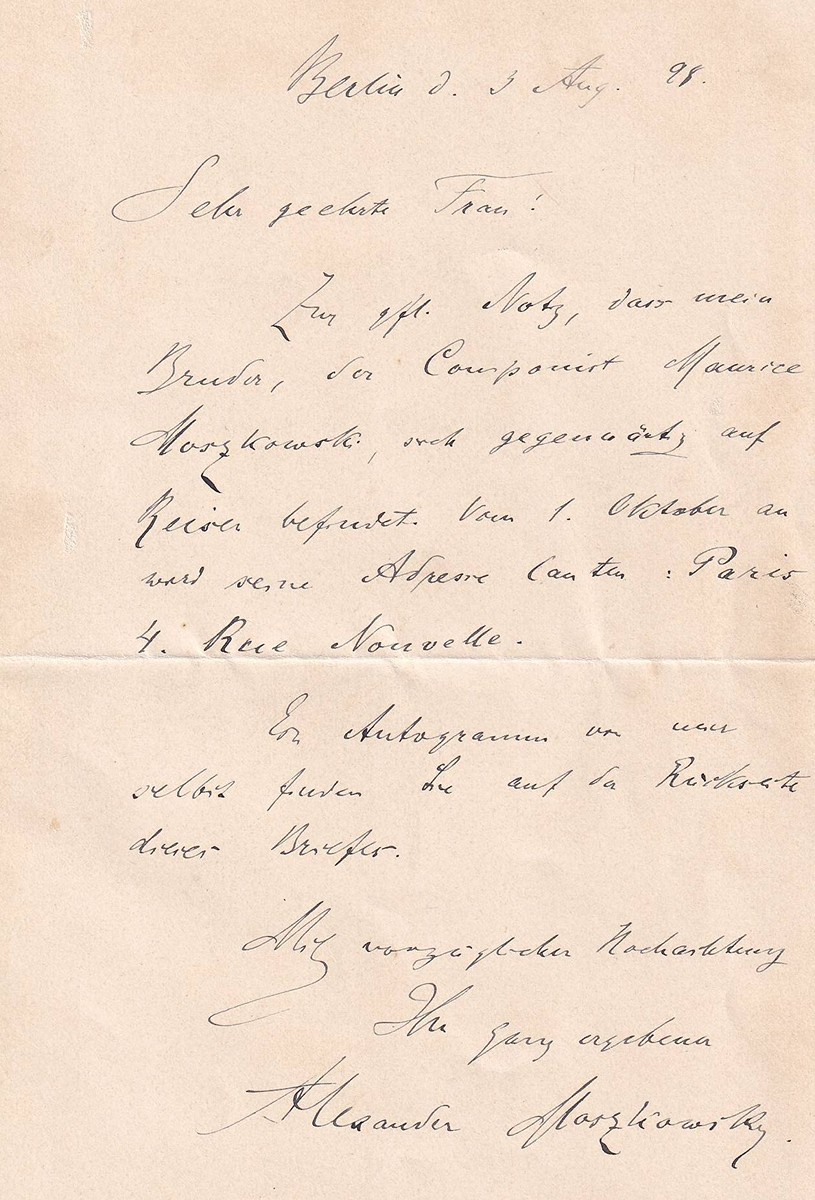 Alexander Moszkowsky (1851 - 1934) - Dopis s autogramem