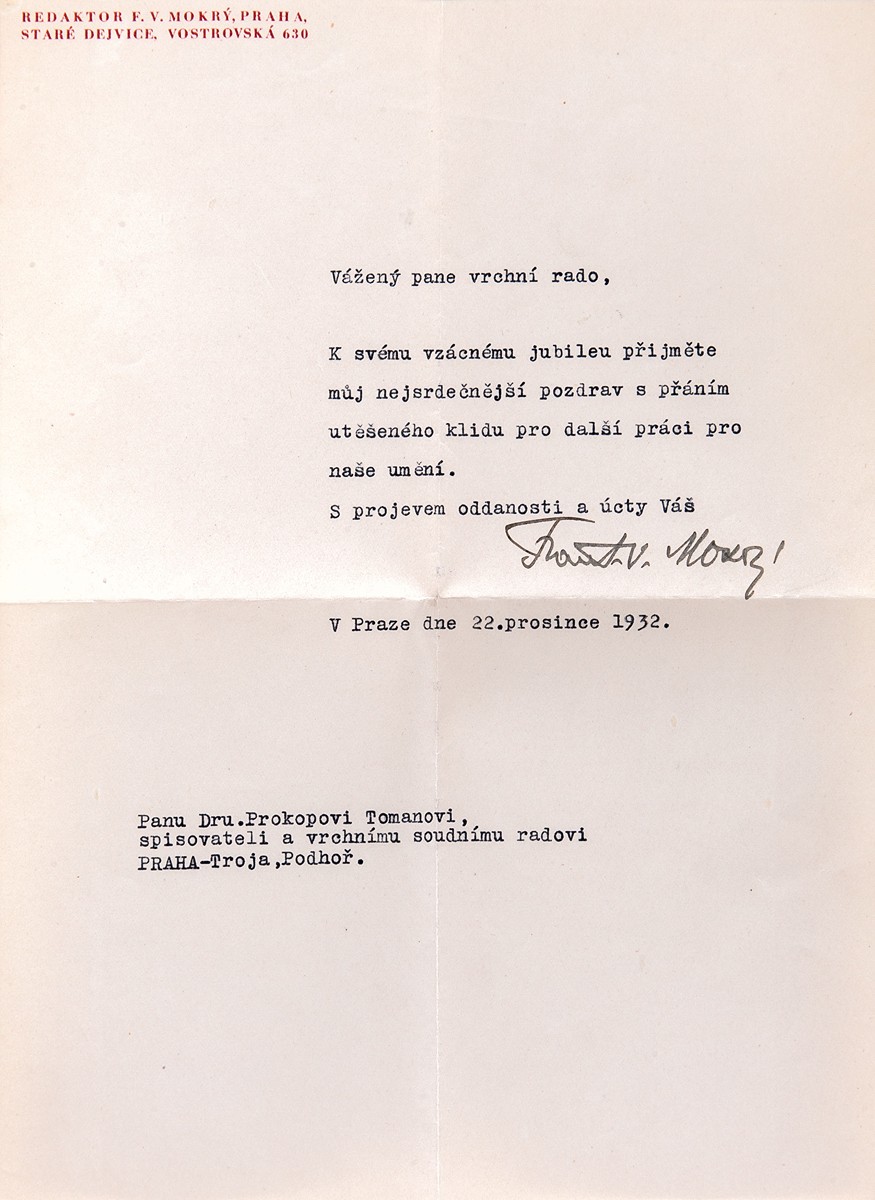 František Viktor Mokrý (1892 - 1975) - Dopis Prokopu Tomanovi st.