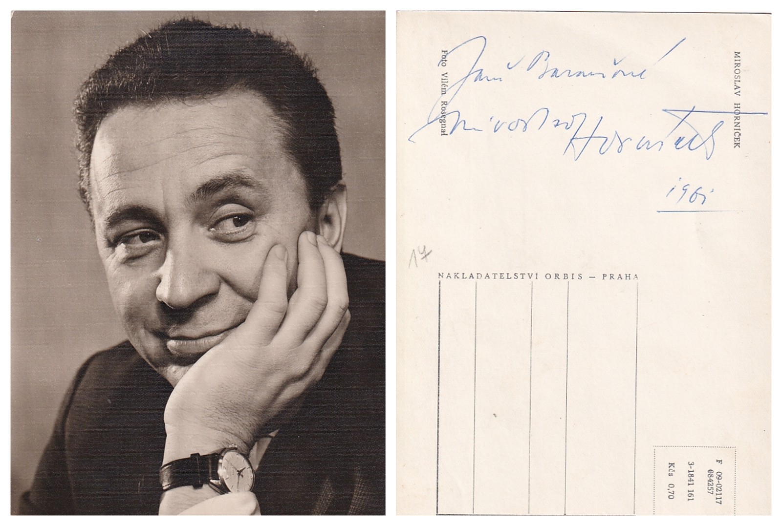 Miroslav Horníček (1918 - 2003) - Podpis na fotopohlednici