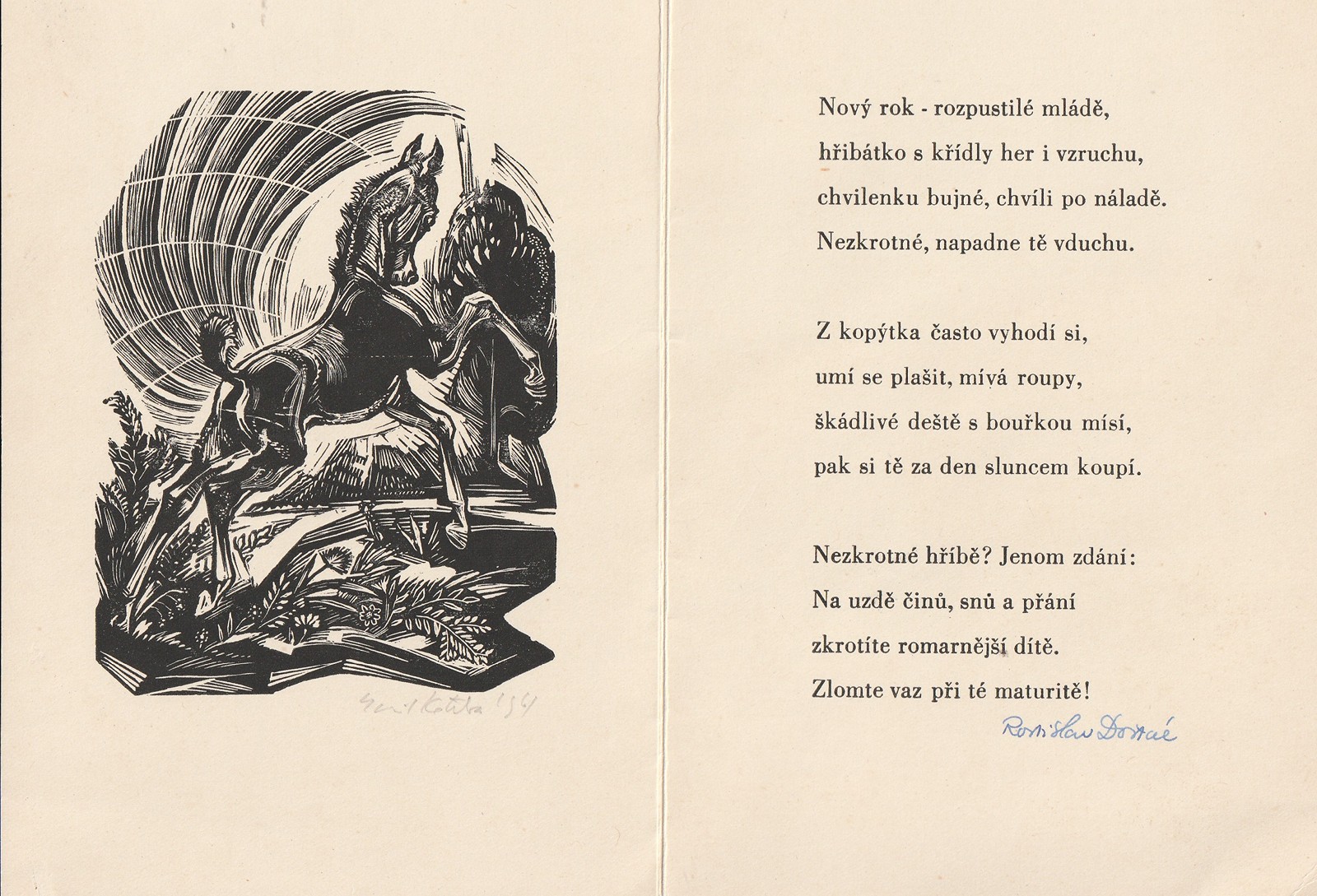 Emil Kotrba (1912 - 1983) - Grafika s básní Rostislava Dostála