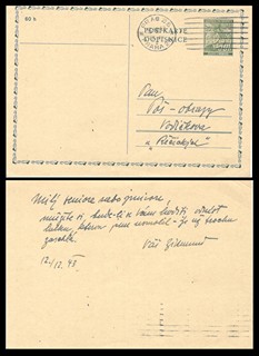František Zikmund (1893 - 1955) - Kartička s krátkou zprávou a podpisem