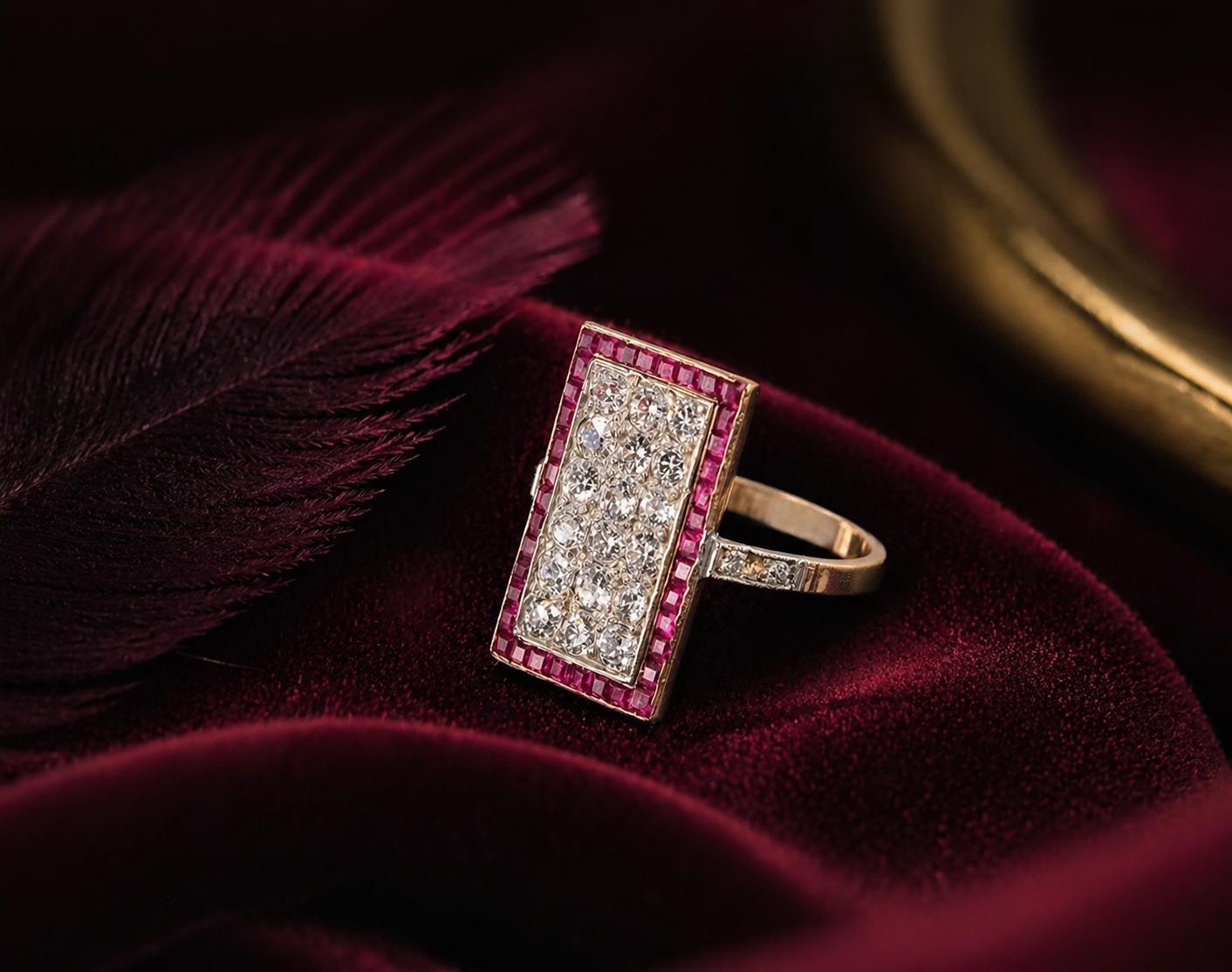 DIAMANTOVÝ PRSTEN S RUBÍNY CCA 2.0 CT., ART DECO