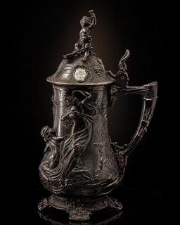 LUXUSNÍ FIGURÁLNÍ CÍNOVÝ KORBEL - SECESNÍ MISTROVSKÉ DÍLO, CCA 1900