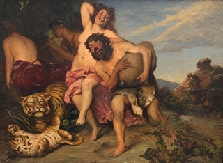 MONUMENTÁLNÍ OLEJ NA PLÁTNĚ PODLE RUBENSE - SATYR A TYGŘICE